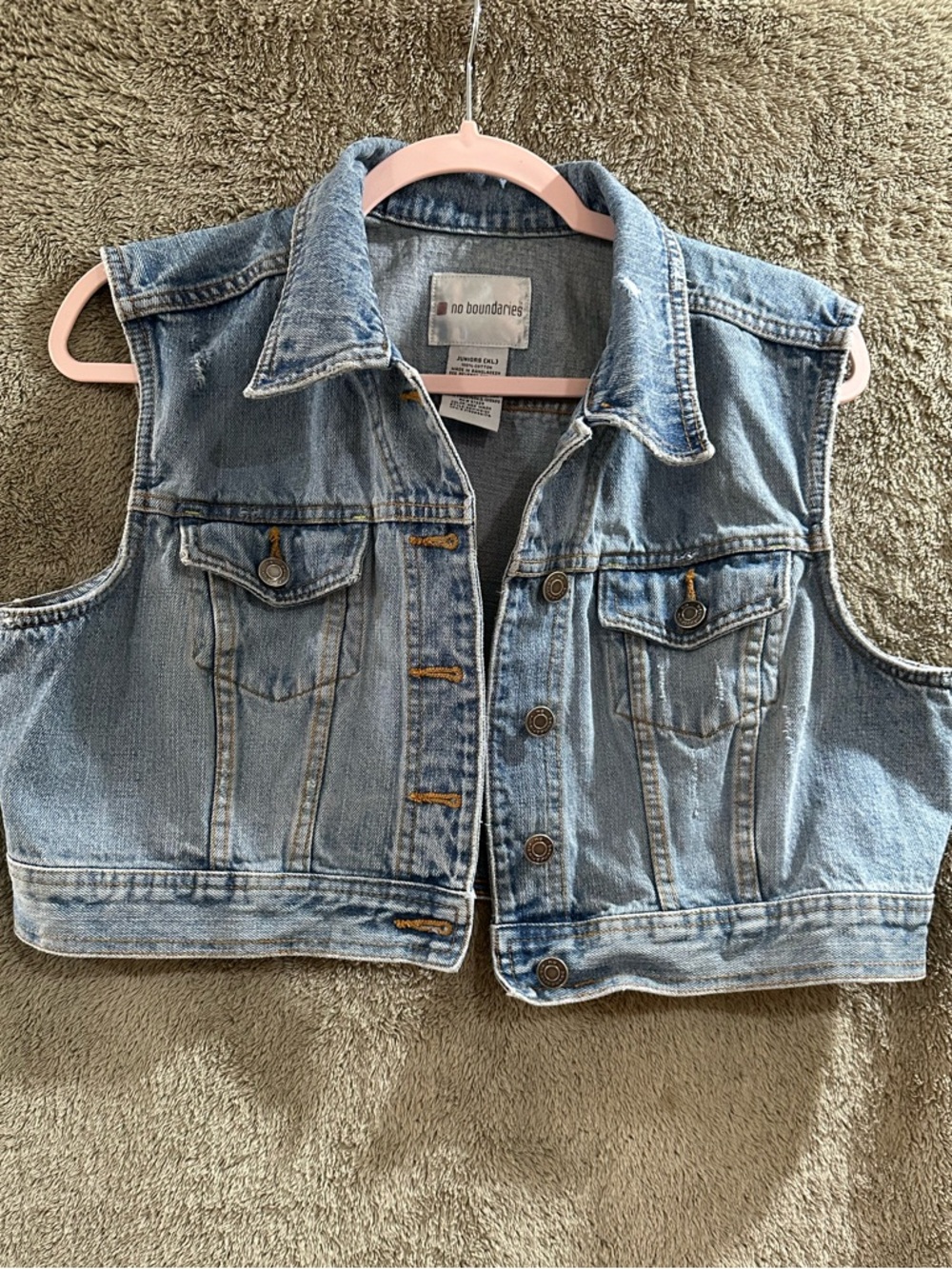 No Boundaries Light Blue Denim Vest with Pink Hanger Accent